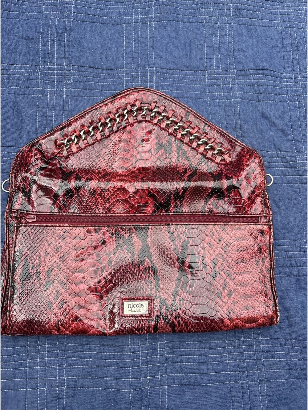 Nicole Miller Red Faux Snakeskin Shoulder Bag Multiple Compartments(See Details)